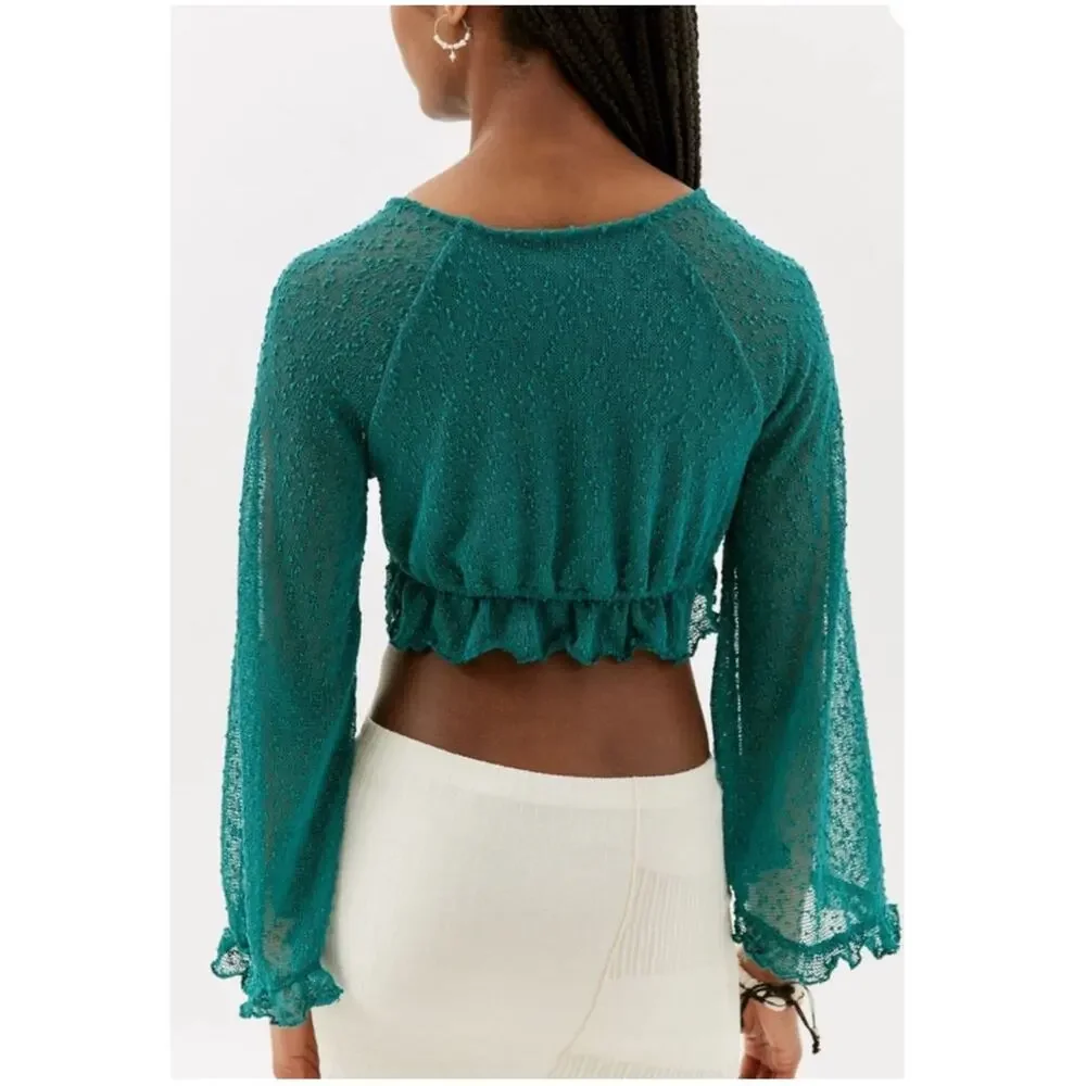 Urban Outfitters NWT Bell Sleeve Crop Top Tie Front Ruffles Boho Size Large
